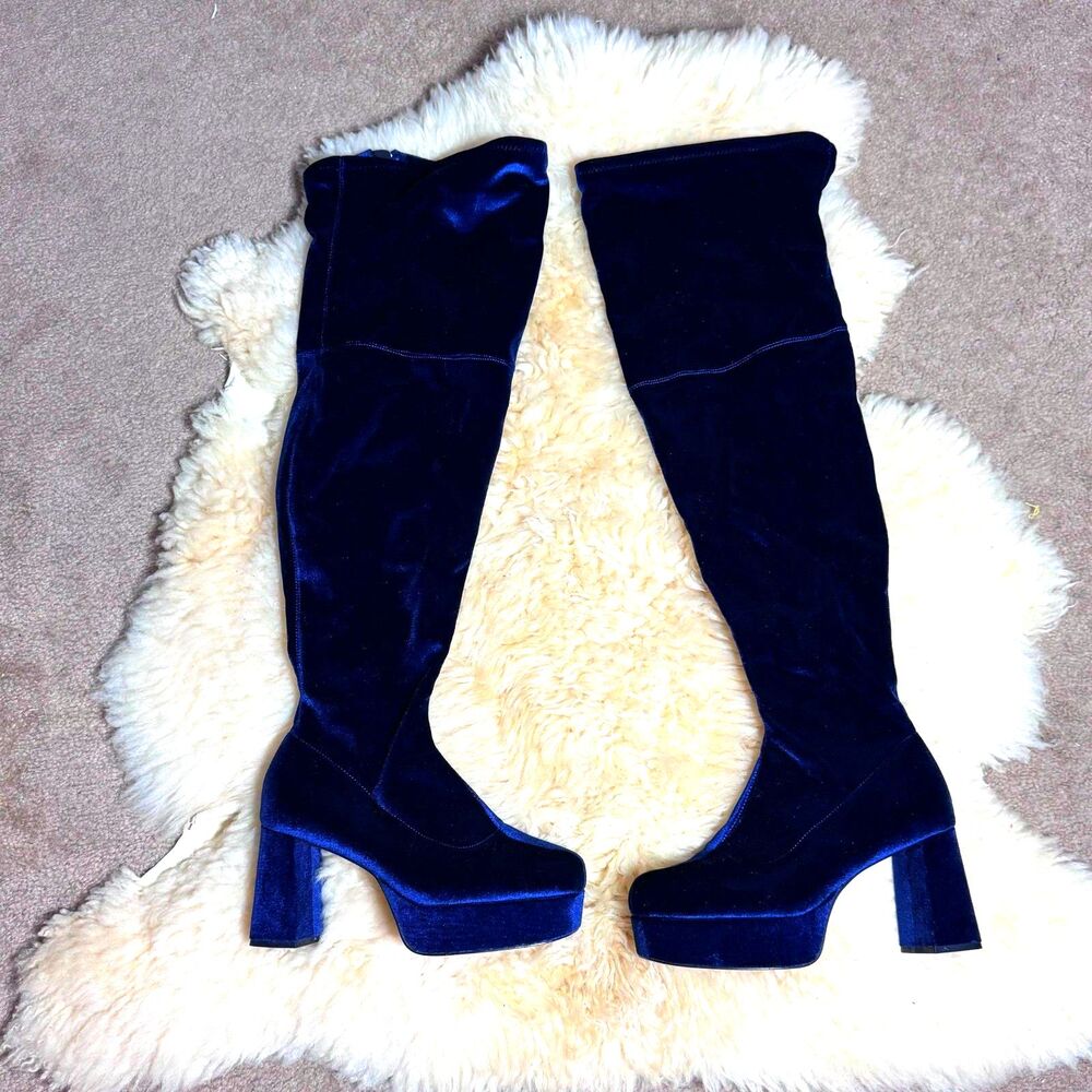 Fiona Velvet Over the Knee Platform Boot Electric Blue Size 8W